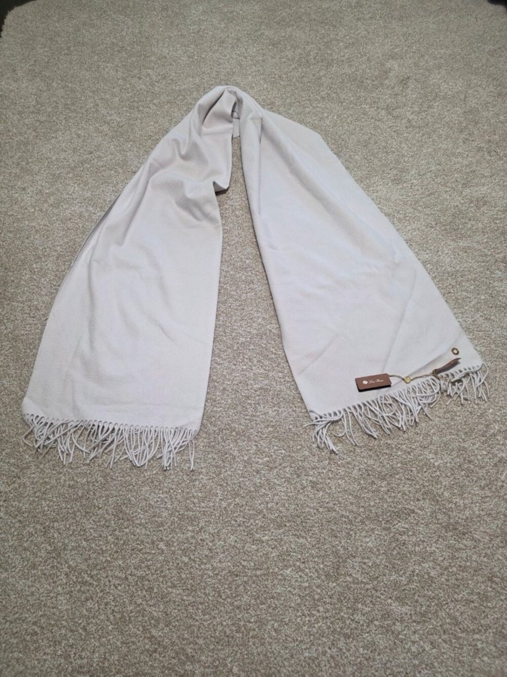 Loro Piana Women’s White Clay 100% Cashmere Fringe Scarf W/ Storage Bag